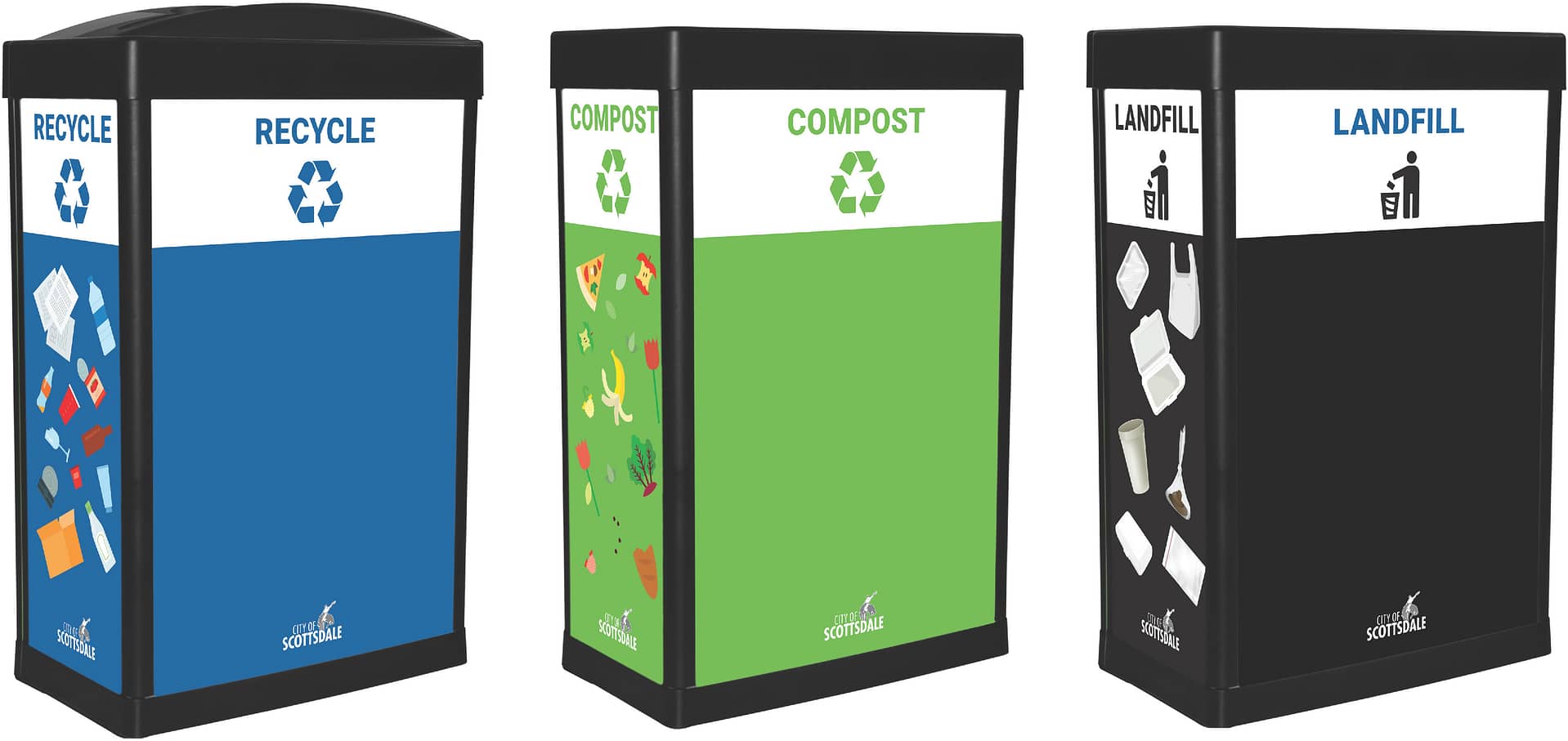 Recycle, Compost, Landfill Ergo Cans